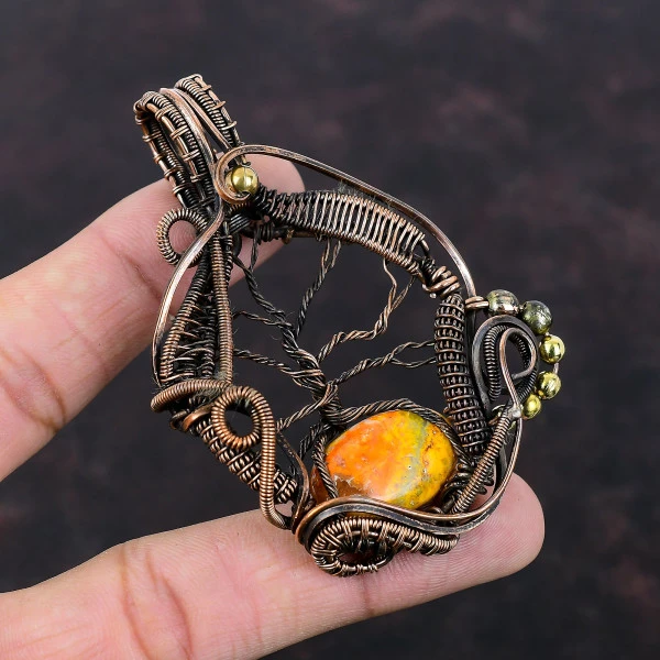 Bumble Bee Jasper Oval Yellow Handmade Copper Wire Wrapped Pendant