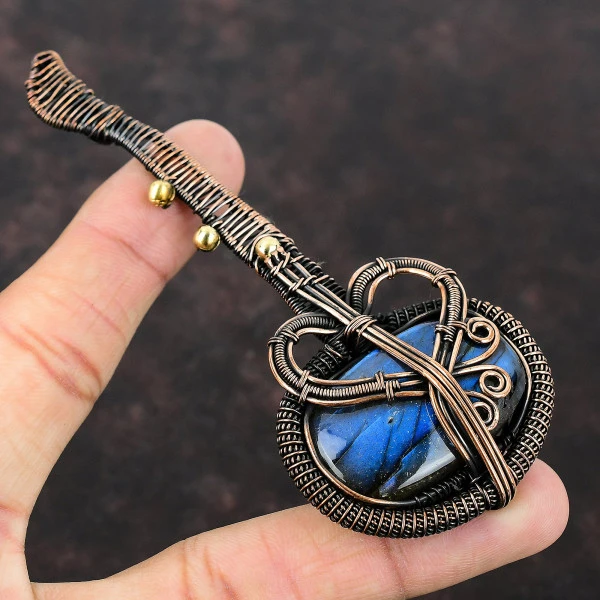 Labradorite Oval Blue Handmade Copper Wire Wrapped Pendant