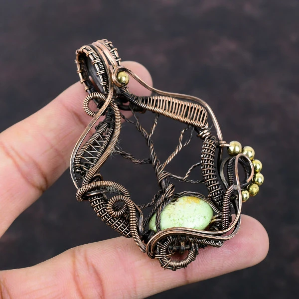Lemon Chrysoprase Oval Green Handmade Copper Wire Wrapped Pendant