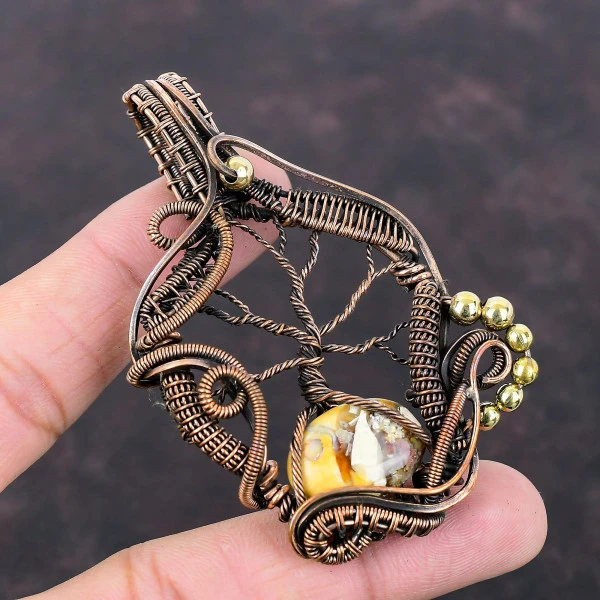 Brecciated Mookaite Oval Yellow Handmade Copper Wire Wrapped Pendant