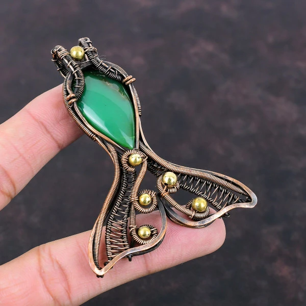 Chrysoprase Pear Green Handmade Copper Wire Wrapped Pendant