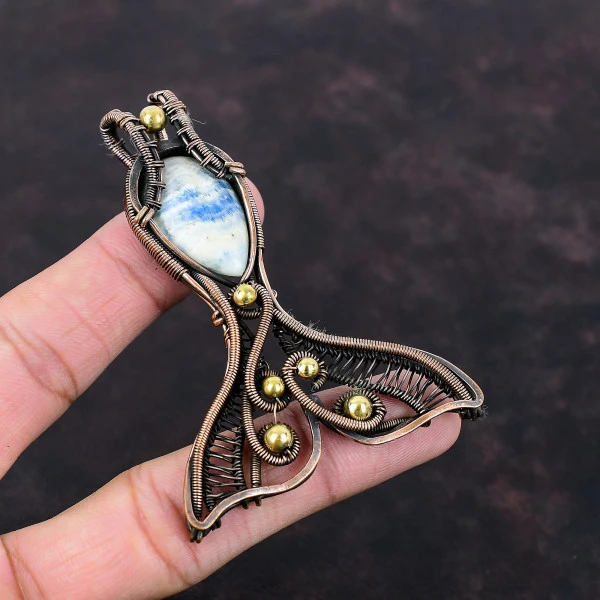 Blue Scheelite Pear Blue Handmade Copper Wire Wrapped Pendant