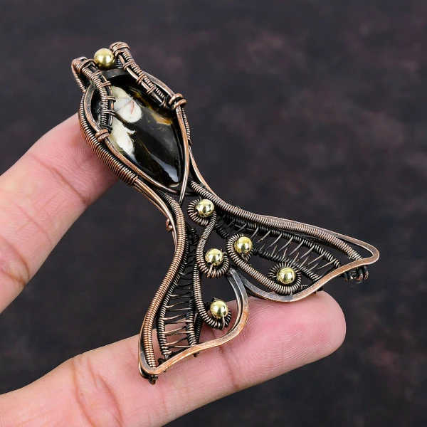 Peanut Wood Jasper Pear Brown Handmade Copper Wire Wrapped Pendant
