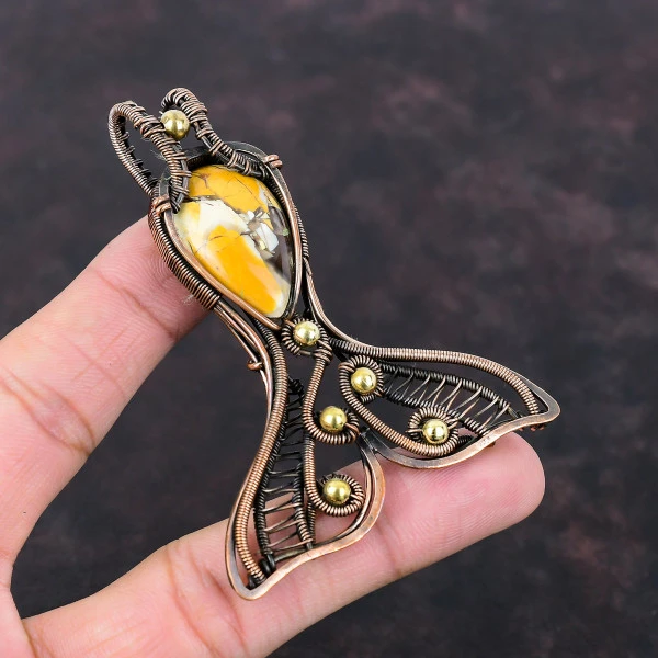 Brecciated Mookaite Pear Yellow Handmade Copper Wire Wrapped Pendant