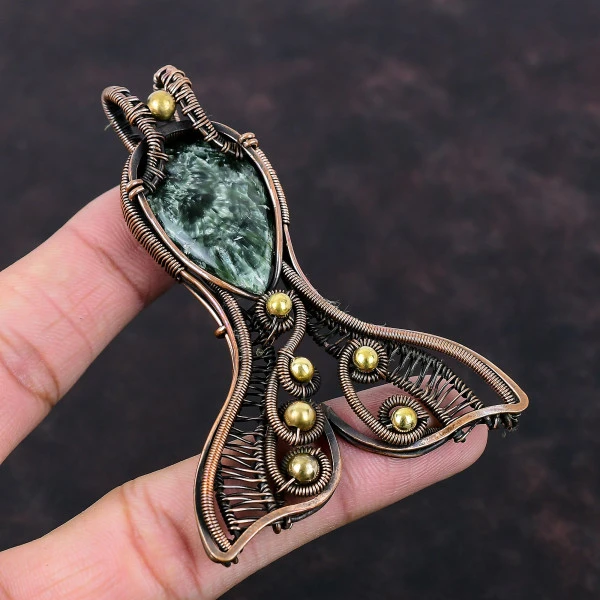 Seraphinite Pear Green Handmade Copper Wire Wrapped Pendant