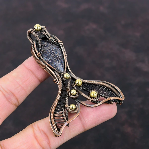 Dinosaur Bone Pear Brown Handmade Copper Wire Wrapped Pendant