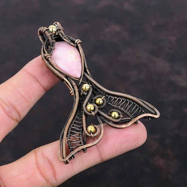 Pink Opal Pear Pink Handmade Copper Wire Wrapped Pendant