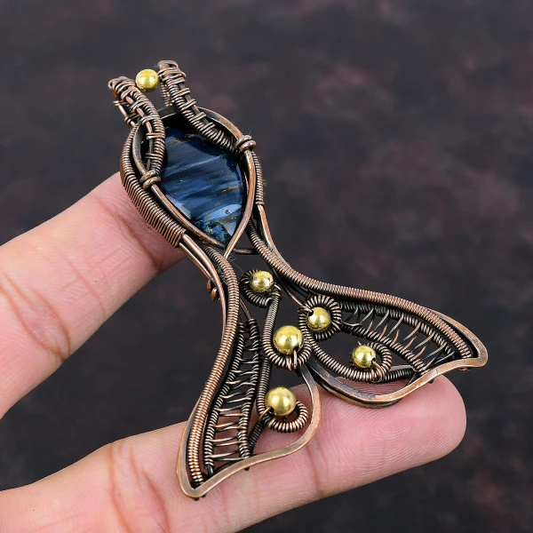 Pietersite Pear Gray Handmade Copper Wire Wrapped Pendant