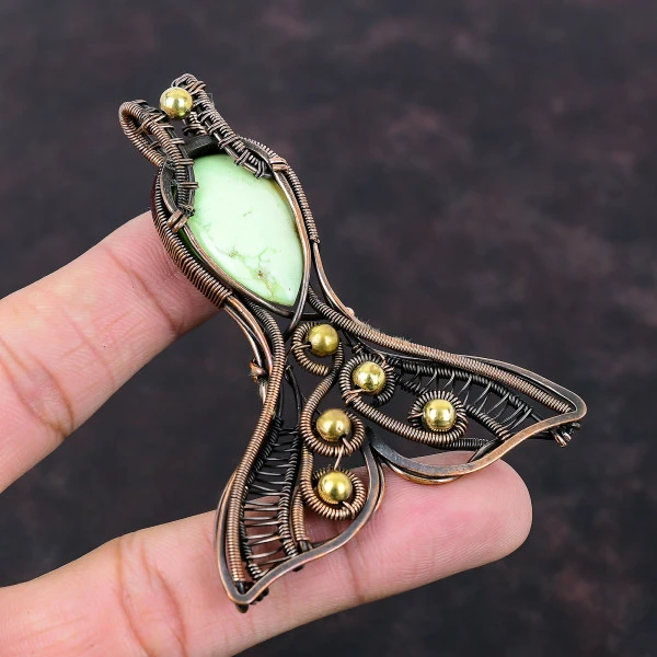 Lemon Chrysoprase Pear Green Handmade Copper Wire Wrapped Pendant