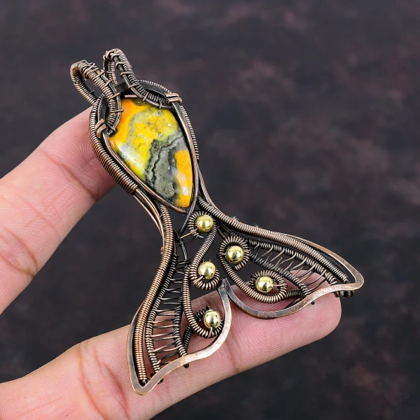 Bumble Bee Jasper Pear Yellow Handmade Copper Wire Wrapped Pendant