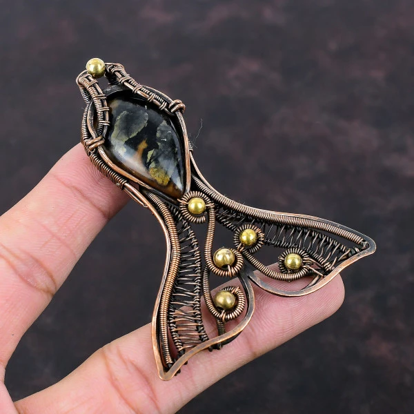 Picasso Jasper Pear Black Handmade Copper Wire Wrapped Pendant