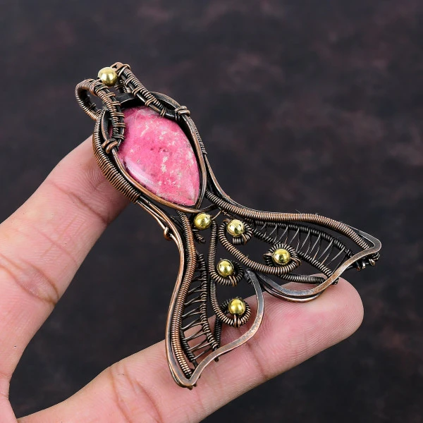Thulite Pear Pink Handmade Copper Wire Wrapped Pendant