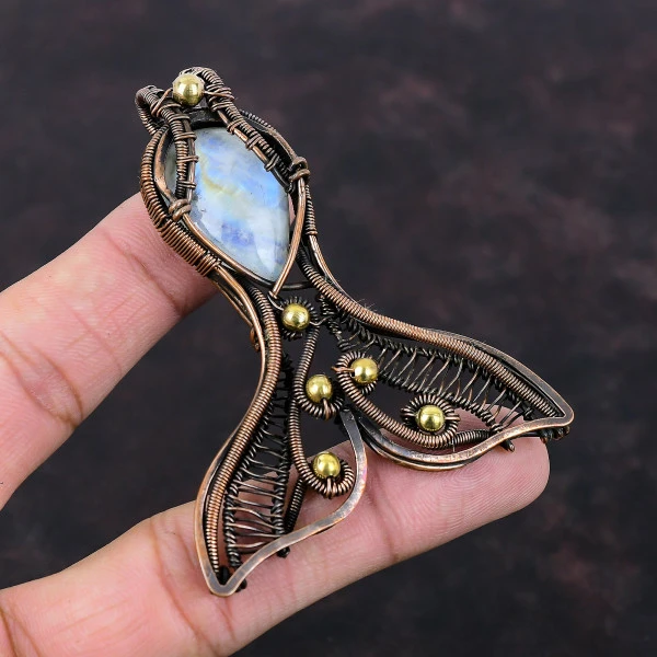 Rainbow Moonstone Pear White Handmade Copper Wire Wrapped Pendant