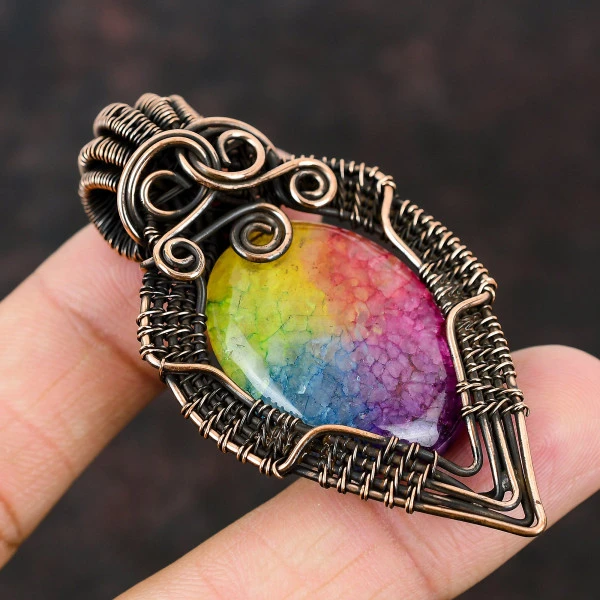 Rainbow Solar Quartz Druzy Oval Yellow Handmade Copper Wire Wrapped Pendant
