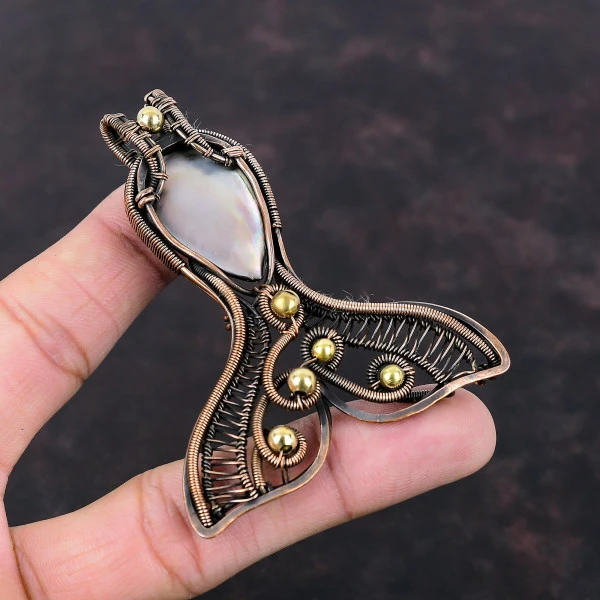 Black Mother Of Pearl Pear Black Handmade Copper Wire Wrapped Pendant
