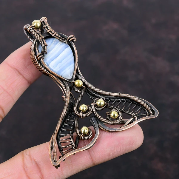 Blue Lace Agate Pear Blue Handmade Copper Wire Wrapped Pendant