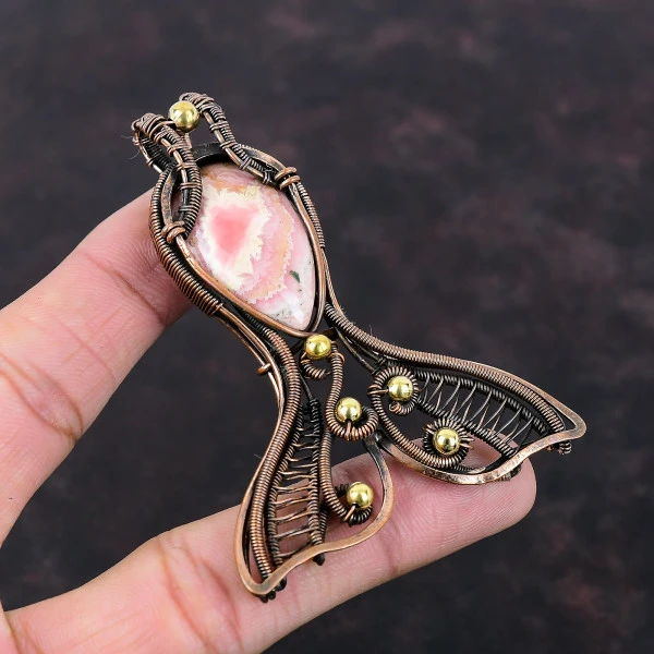 Rhodochrosite Pear Pink Handmade Copper Wire Wrapped Pendant