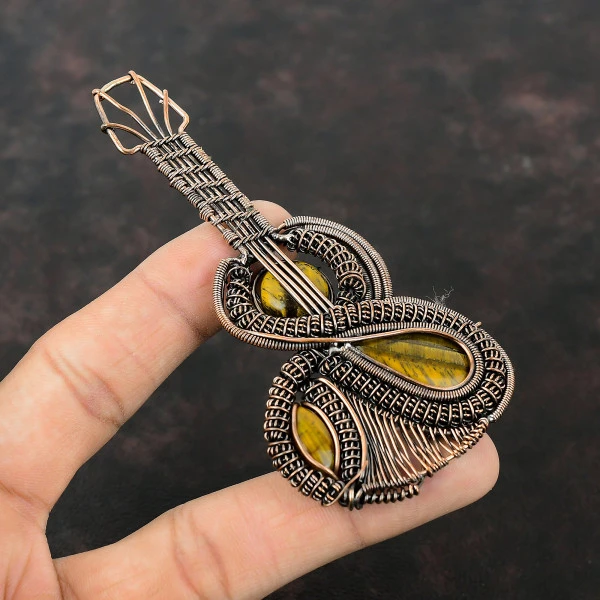 Tiger's Eye Pear Brown Handmade Copper Wire Wrapped Pendant
