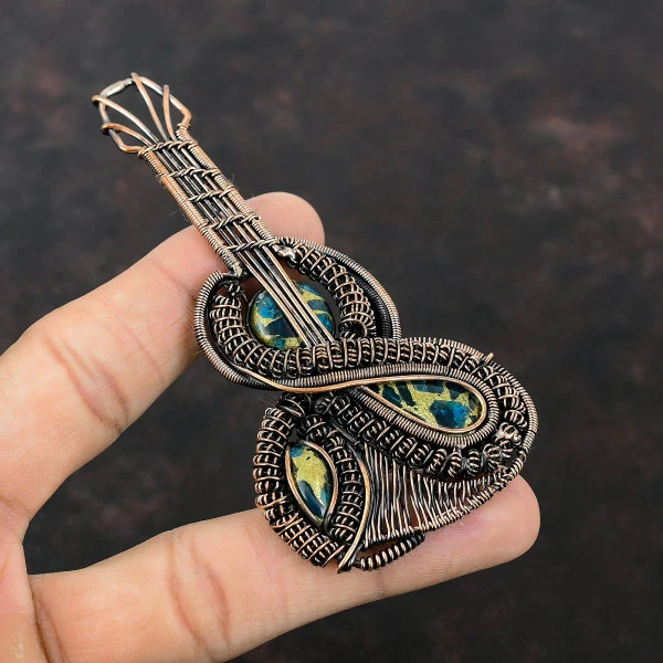 Copper Neon Apatite Pear Blue Handmade Copper Wire Wrapped Pendant