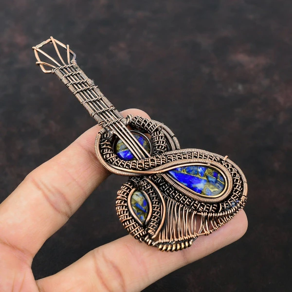 Copper Lapis Lazuli Pear Blue Handmade Copper Wire Wrapped Pendant