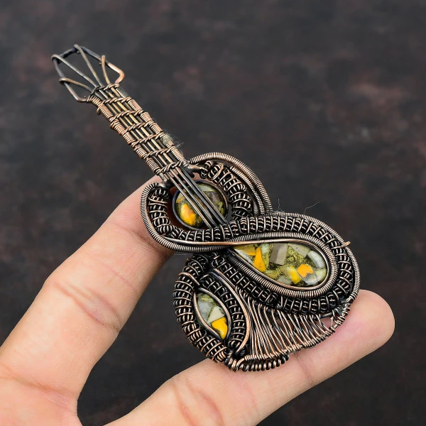 Copper Bumble Bee Jasper Pear Yellow Handmade Copper Wire Wrapped Pendant