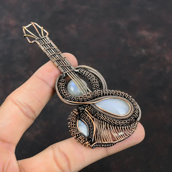 Rainbow Moonstone Pear White Handmade Copper Wire Wrapped Pendant