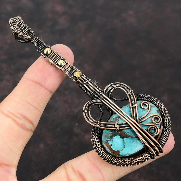 Tibetan Turquoise Oval Blue Handmade Copper Wire Wrapped Pendant