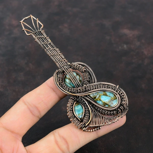 Copper Amazonite Pear Green Handmade Copper Wire Wrapped Pendant
