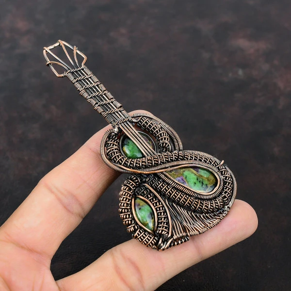 Copper Ruby Zoisite Pear Green Handmade Copper Wire Wrapped Pendant