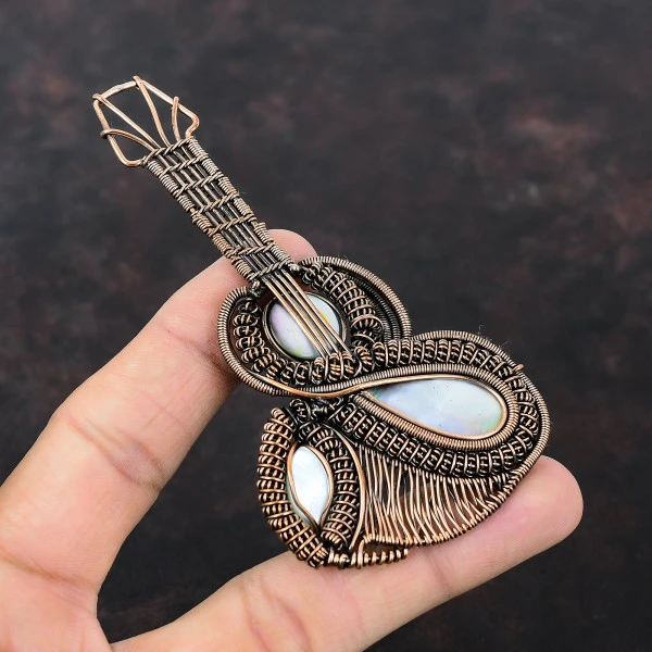 Mother Of Pearl Pear Gray Handmade Copper Wire Wrapped Pendant