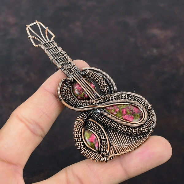 Copper Thulite Pear Pink Handmade Copper Wire Wrapped Pendant