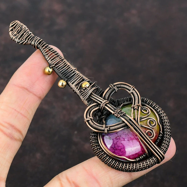 Rainbow Solar Quartz Druzy Oval Pink Handmade Copper Wire Wrapped Pendant
