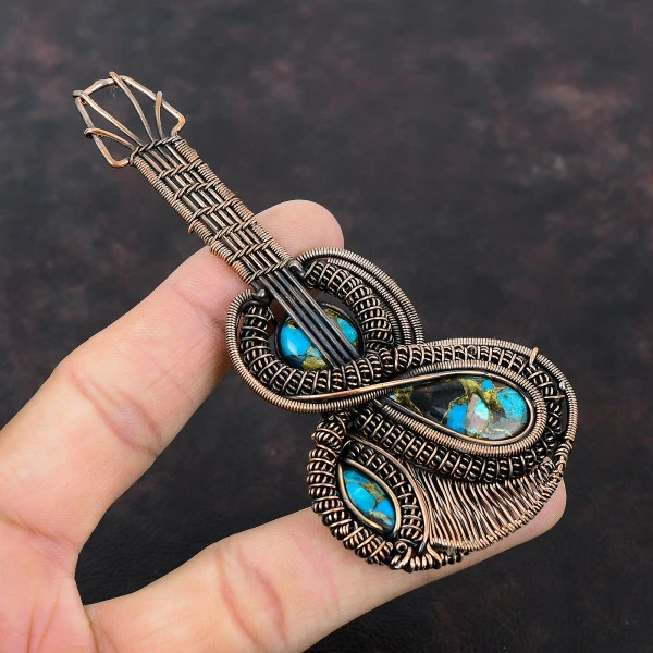 Copper Chrysocolla Pear Blue Handmade Copper Wire Wrapped Pendant