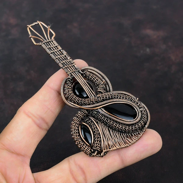 Black Onyx Pear Black Handmade Copper Wire Wrapped Pendant