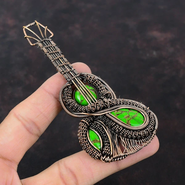 Copper Green Turquoise Pear Green Handmade Copper Wire Wrapped Pendant