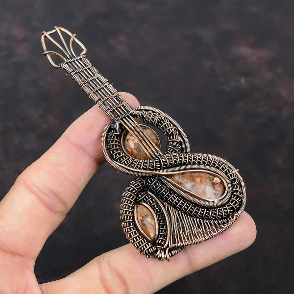 Sunstone Pear Orange Handmade Copper Wire Wrapped Pendant