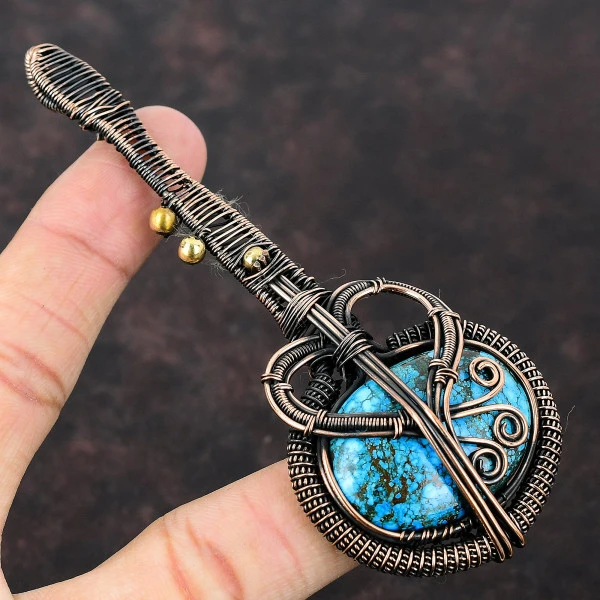 Tibetan Turquoise Oval Blue Handmade Copper Wire Wrapped Pendant