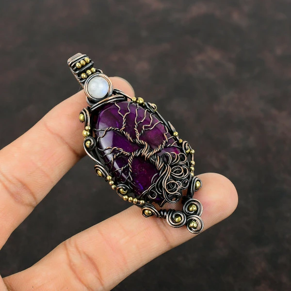 Purple Fire Labradorite Oval Purple Handmade Copper Wire Wrapped Pendant