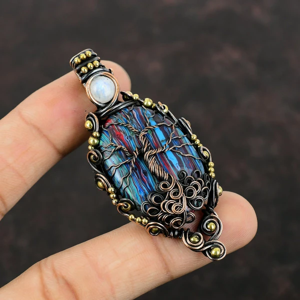 Rainbow Calsilica Oval Blue Handmade Copper Wire Wrapped Pendant