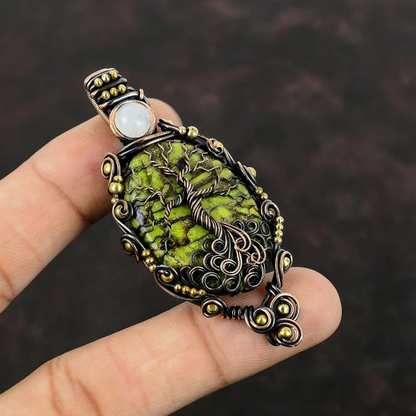 Copper Stichtite Oval Green Handmade Copper Wire Wrapped Pendant