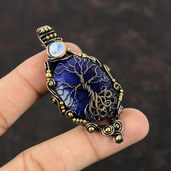 Blue Sapphire Oval Blue Handmade Copper Wire Wrapped Pendant