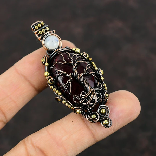 Red Fire Labradorite Oval Red Handmade Copper Wire Wrapped Pendant