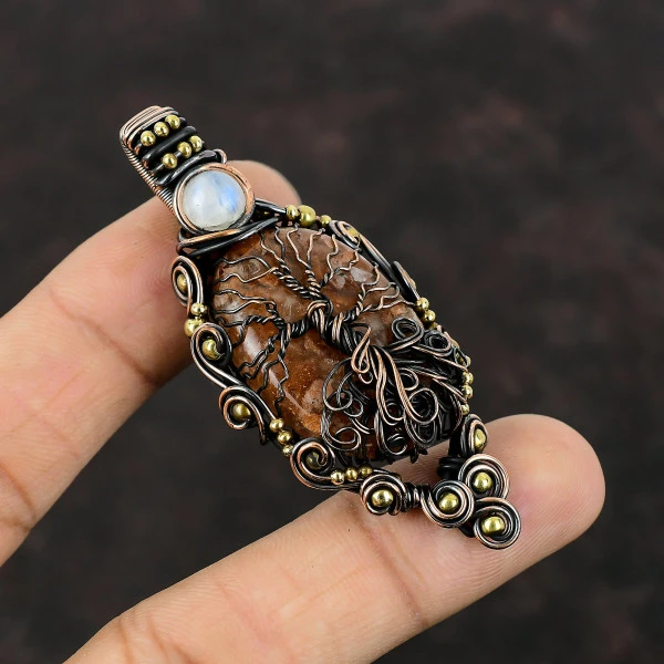Sunstone Oval Orange Handmade Copper Wire Wrapped Pendant