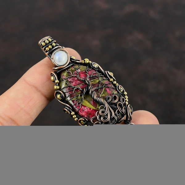 Copper Thulite Oval Pink Handmade Copper Wire Wrapped Pendant