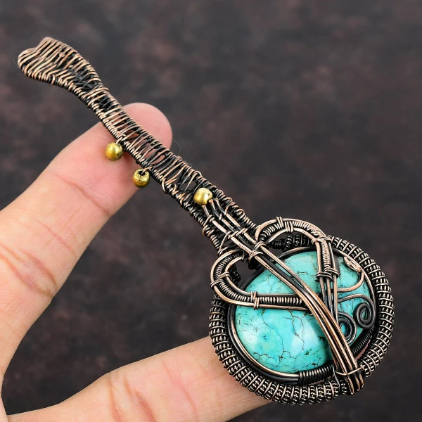 Tibetan Turquoise Oval Blue Handmade Copper Wire Wrapped Pendant