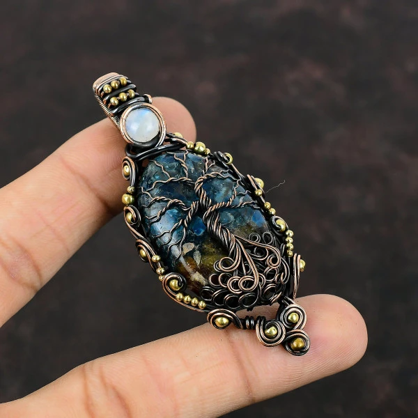 Watermelon Tourmaline Oval Blue Handmade Copper Wire Wrapped Pendant