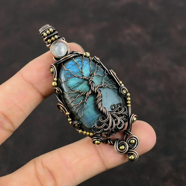 Labradorite Oval Blue Handmade Copper Wire Wrapped Pendant