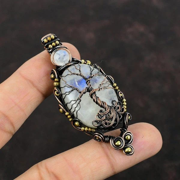 Rainbow Moonstone Oval White Handmade Copper Wire Wrapped Pendant