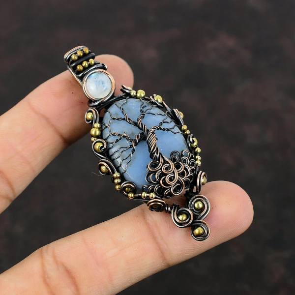 Angelite Oval Blue Handmade Copper Wire Wrapped Pendant