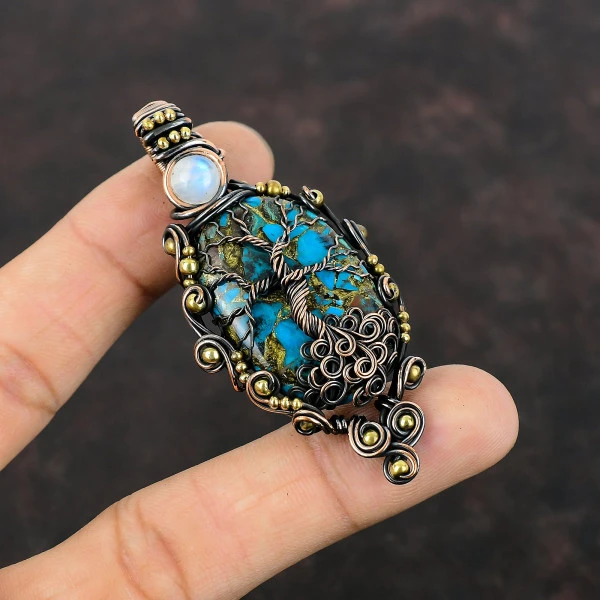 Copper Chrysocolla Oval Blue Handmade Copper Wire Wrapped Pendant